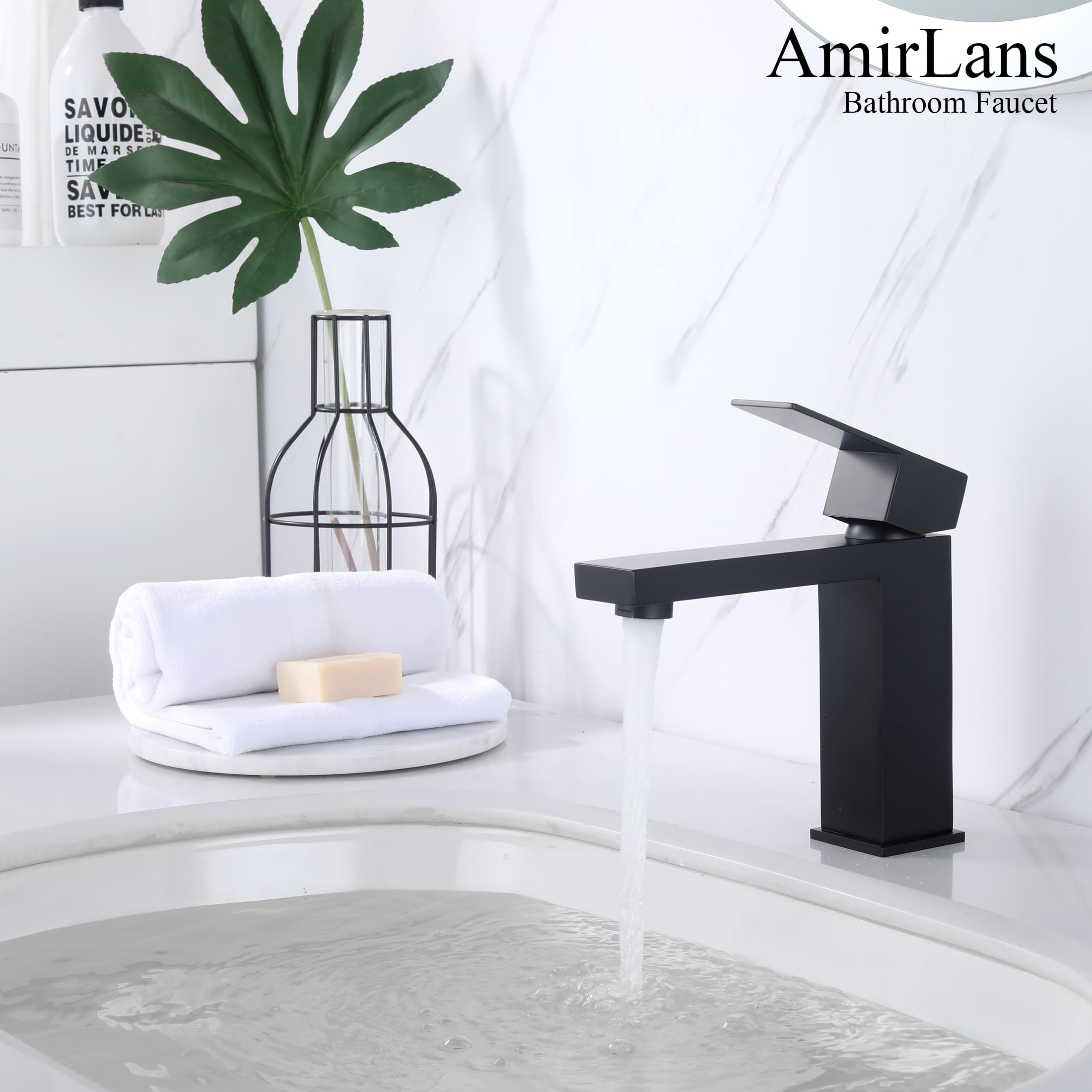 AmirLans Black Faucet Bathroom, Stainless Steel Matte Black Bathroom Faucet Single Hole with Pop Up Drain, Single Handle Faucet AML-1141-BK