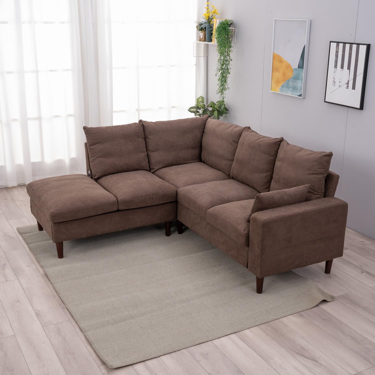 Panana Sectional Sofa L-Shaped Corner Couch with Built-in USB Chairging Port Chaise, Cushion Backrest Solid Wood Legs Suite