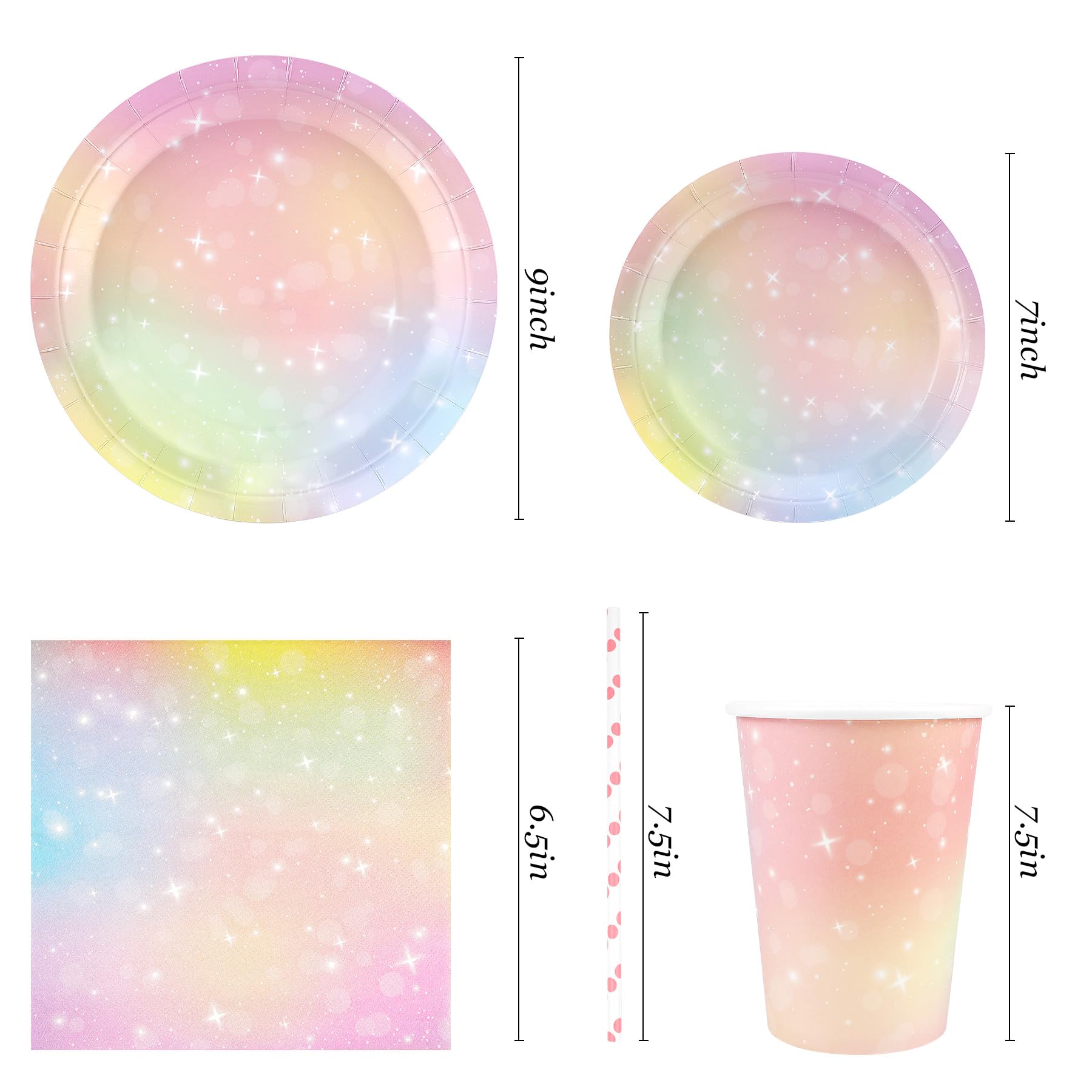 Pastel Birthday Party Supplies Decorations, Rainbow Theme Birthday Paper Plates and Napkins Set with Cups and Straws for 24 Guests, 120 Pcs Disposable Party Dessert Dinnerwares