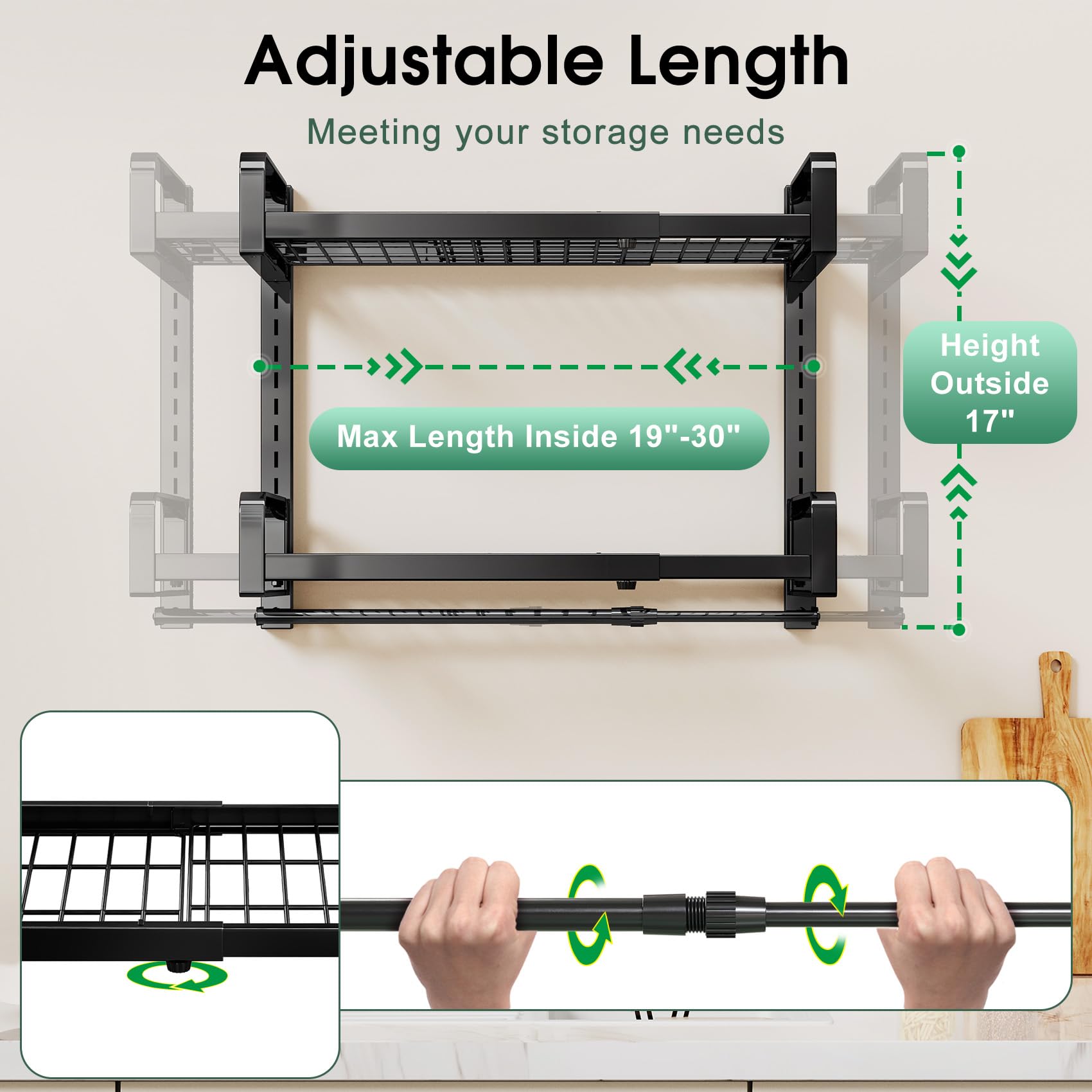 30" Expandable Hanging Pot Rack, 2 Tier Adjustable Pot and Pan Rack for Kitchen Organizers and Storage, Heavy Duty Pot and Pan Organizer, Wall Mounted Pot Lid Organizer for Pots and Pans with 10 Hooks