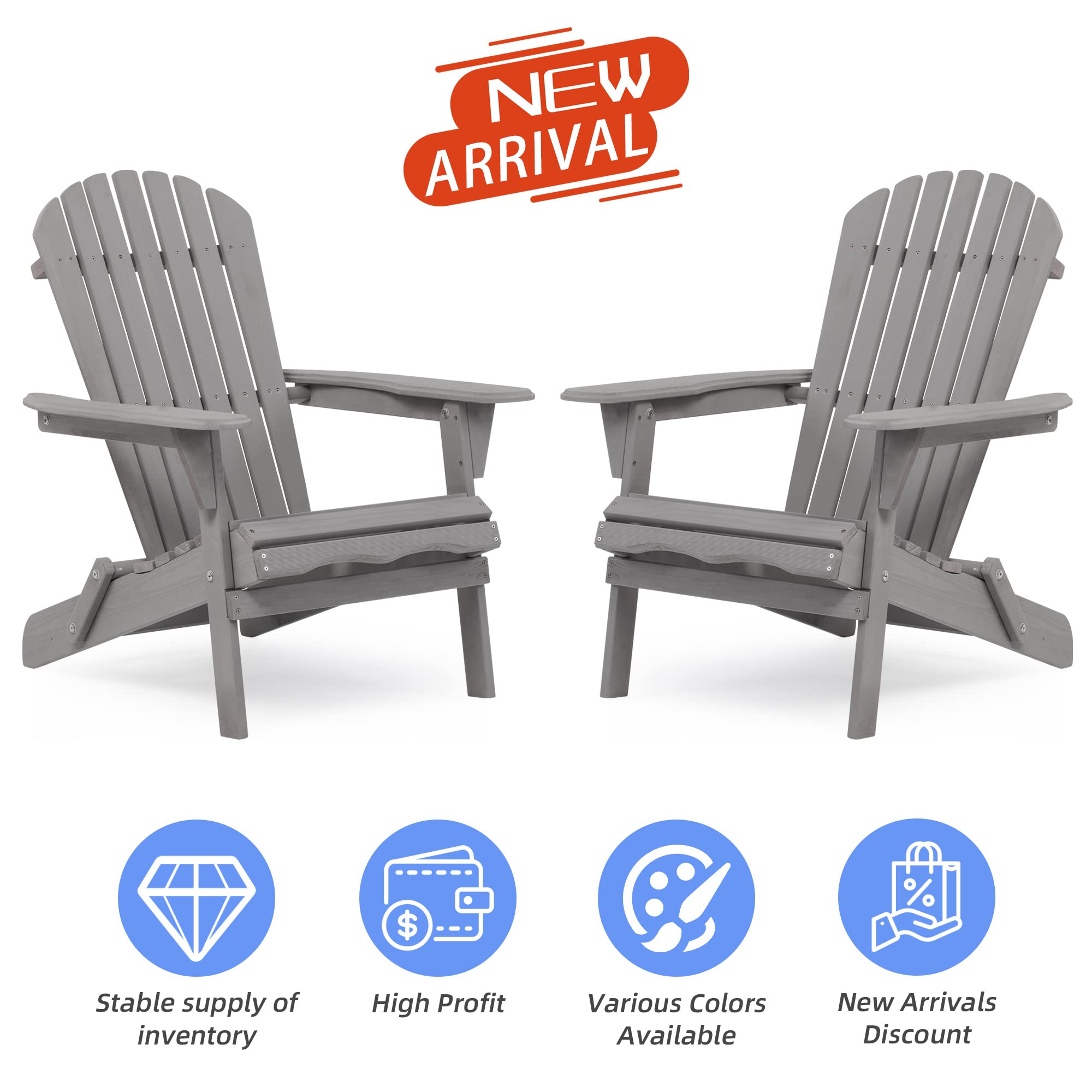 Gettati Folding Adirondack Chair Set of 2, Weather Resistant Folding Patio Lawn Chair for Outside Deck Garden Backyard Balcony, Weather Wood, Wooden Fire Pit Chair, Grey