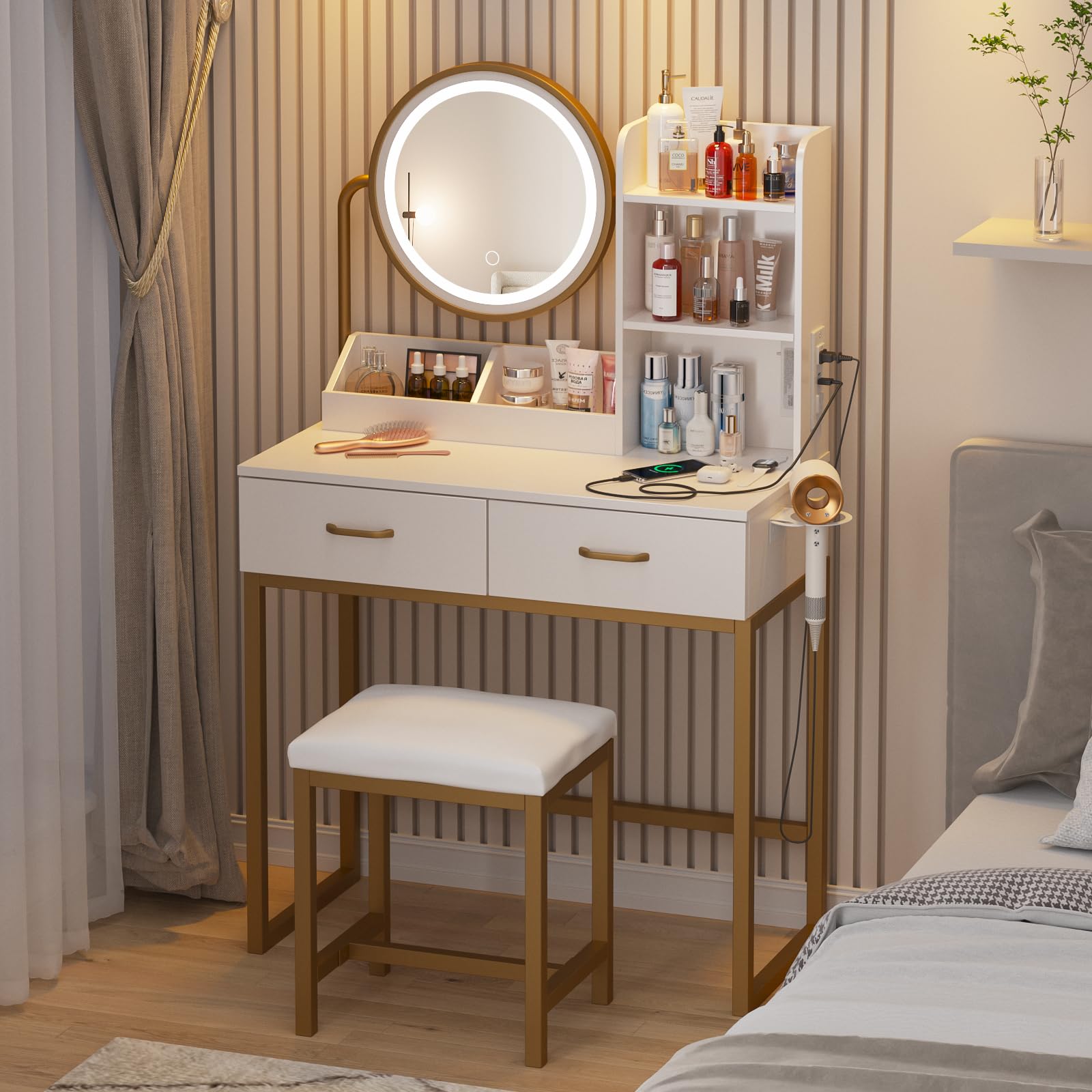 Makeup Vanity with Round Mirror and Lights, White Vanity Makeup Table with Charging Station, Small Vanity Table for Bedroom, 3 Lighting Modes, 31.5in(L)