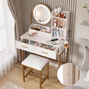 Makeup Vanity with Round Mirror and Lights, White Vanity Makeup Table with Charging Station, Small Vanity Table for Bedroom, 3 Lighting Modes, 31.5in(L)