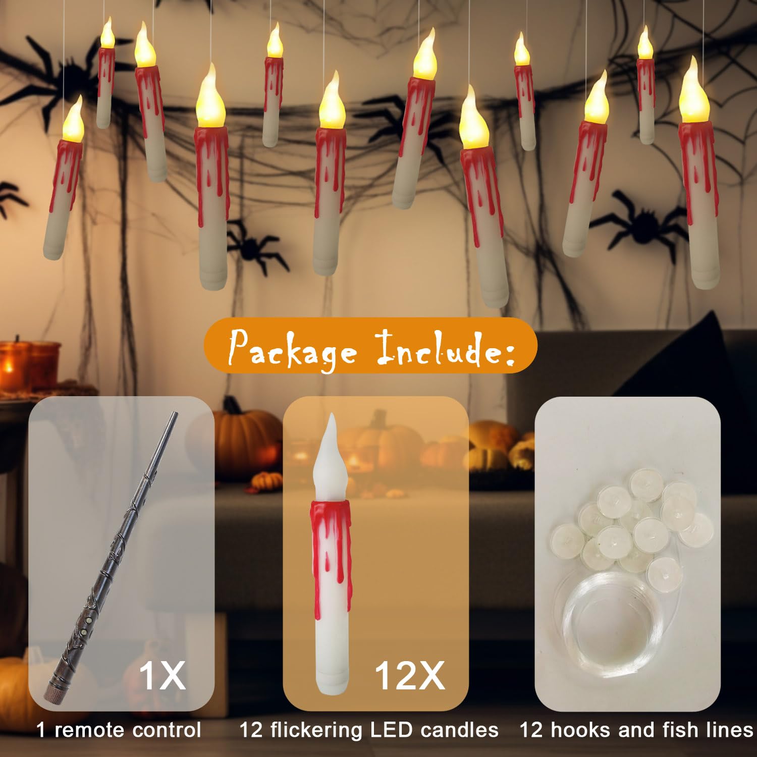 UPLAVIE Halloween Decorations, Hanging Floating Candles with Wand Remote Control, 12 Pcs Hanging Floating LED Candles Warm White Light Window Candles Christmas Decor for Halloween Christmas Party