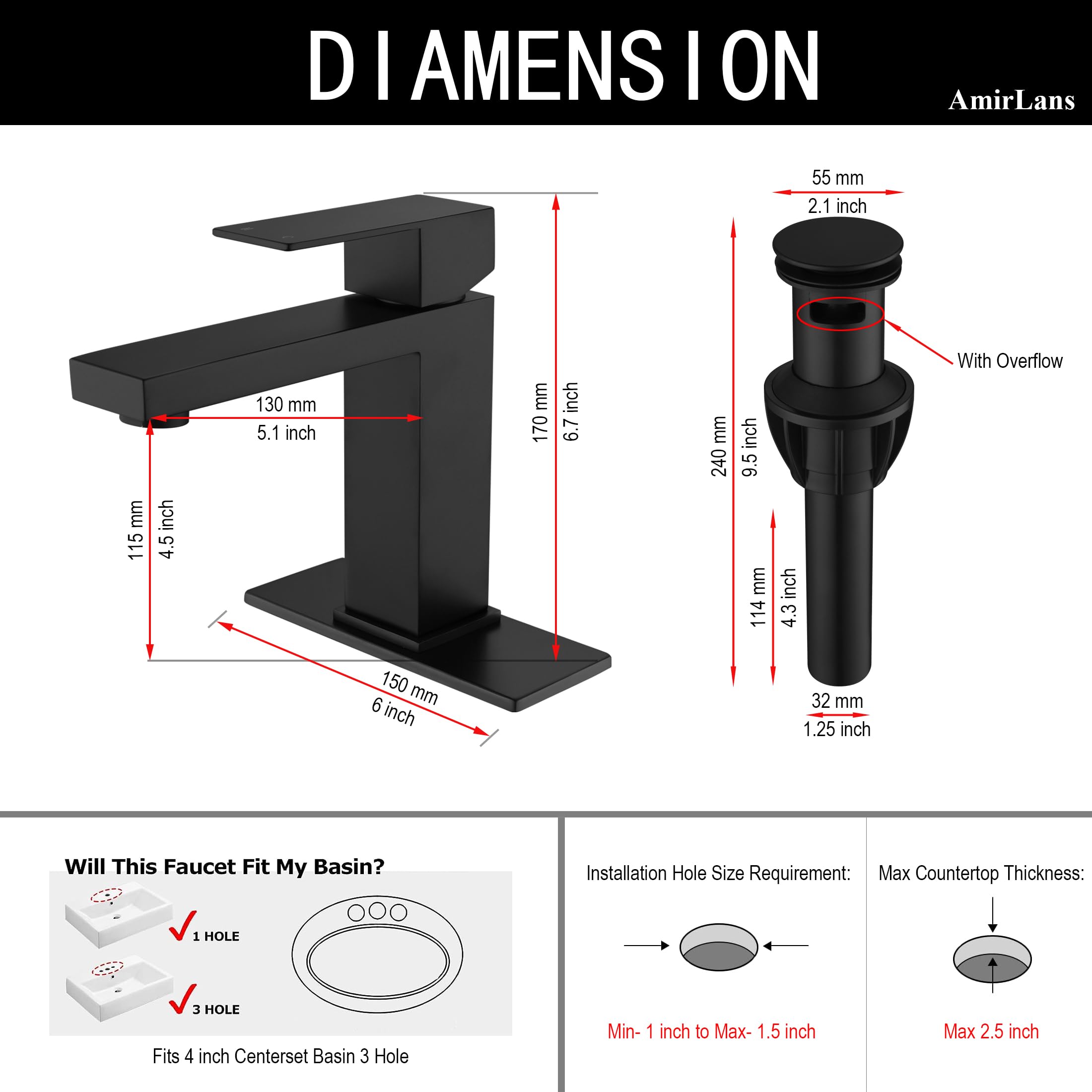 AmirLans Black Faucet Bathroom, Stainless Steel Matte Black Bathroom Faucet Single Hole with Pop Up Drain, Single Handle Faucet AML-1141-BK