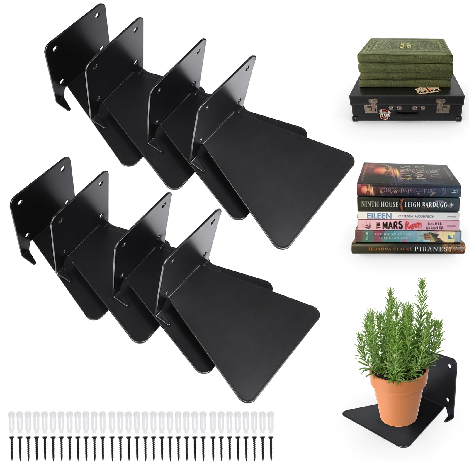 RealPlus Floating Bookshelf Iron Invisible Floating Book Shelves Wall Mounted Heavy Duty Book Organizer, Black (Pack of 8)