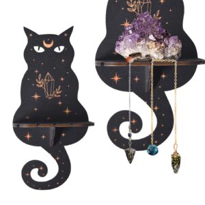 Jamo Homzi Crystal Shelf Black Crystal Display Shelf Crystal Pendulum Holder Stand Display Shelf Witch Bat Moth Stuff Wooden Kit Hanging Rustic Crystal (cat)