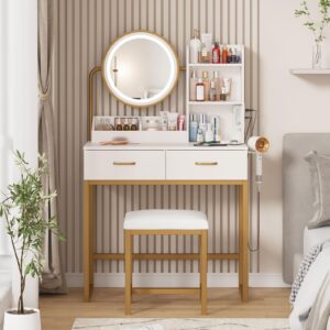 makeup vanity with round mirror and lights, white vanity makeup table with charging station, small vanity table for bedroom, 3 lighting modes, 31.5in(l)