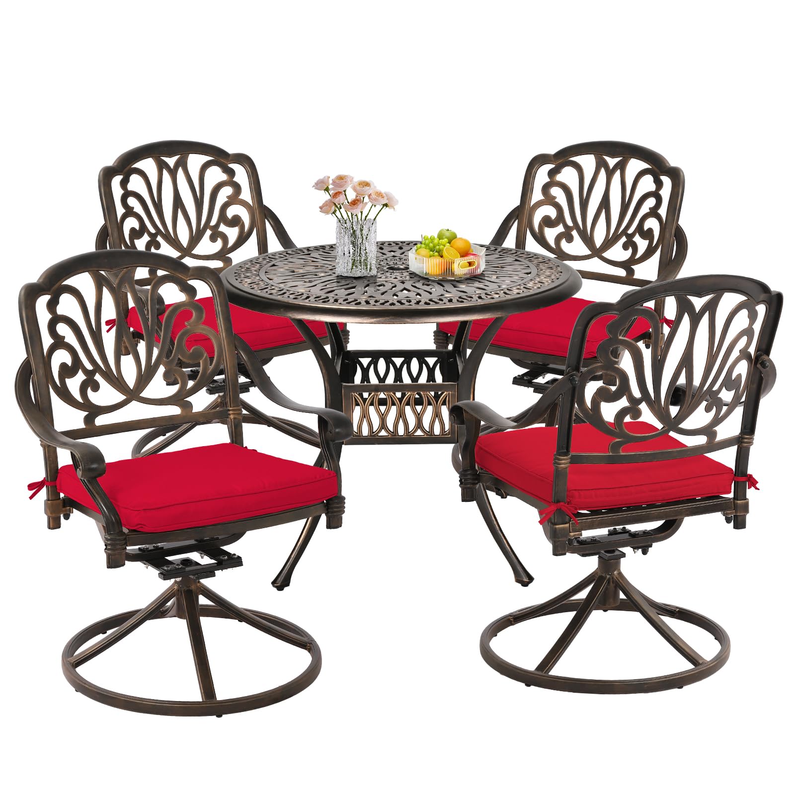 Grepatio 5 Piece Outdoor Dining Set Cast Aluminum Patio Dining Set Table and Chairs Outside Furniture 4 Swivel Chairs with Cushion and 1 Umbrella Round Dining Table for Lawn Garden Patio (Red)