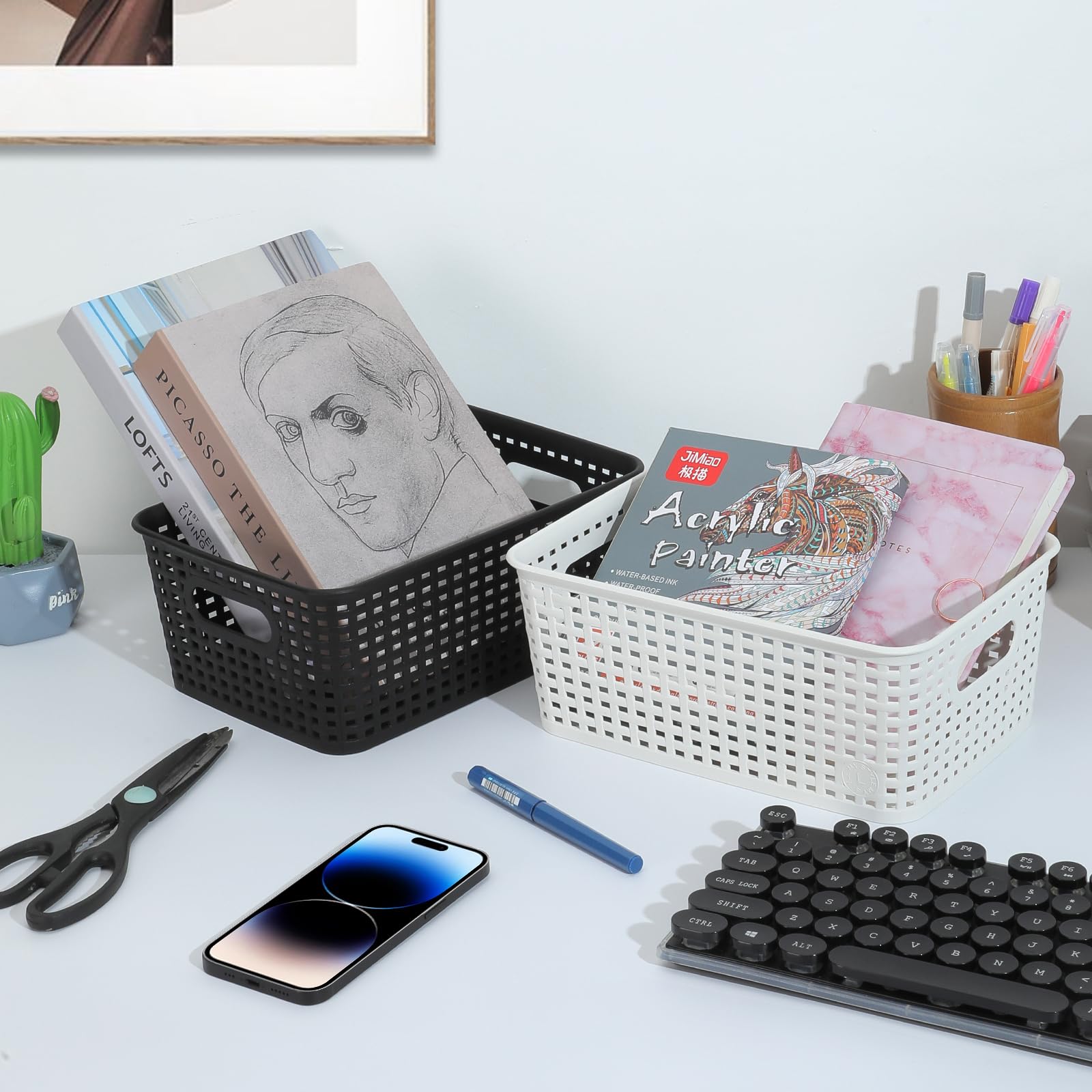 AREYZIN Plastic Storage Baskets Set of 6 Sturdy Small Organizer Bins Storage Baskets for Shelves,Closet,Countertops, Desktops, Cabinets and Badrooms,Black