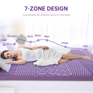 MUXHOMO 3 Inch 7-Zone Queen Mattress Topper, Egg Crate Foam Mattress Topper Queen Size for Back Pain, Lavender Cooling Gel Infused Mattress Pad, CertiPUR-US and Oeko-TEX Certification (60"×80")