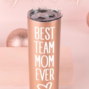 Onebttl Team Mom Gifts for Women, 20oz Skinny Tumblers, Base Ball Soccer Basket Ball Soft Ball Mom Gifts, Rose Gold, Best