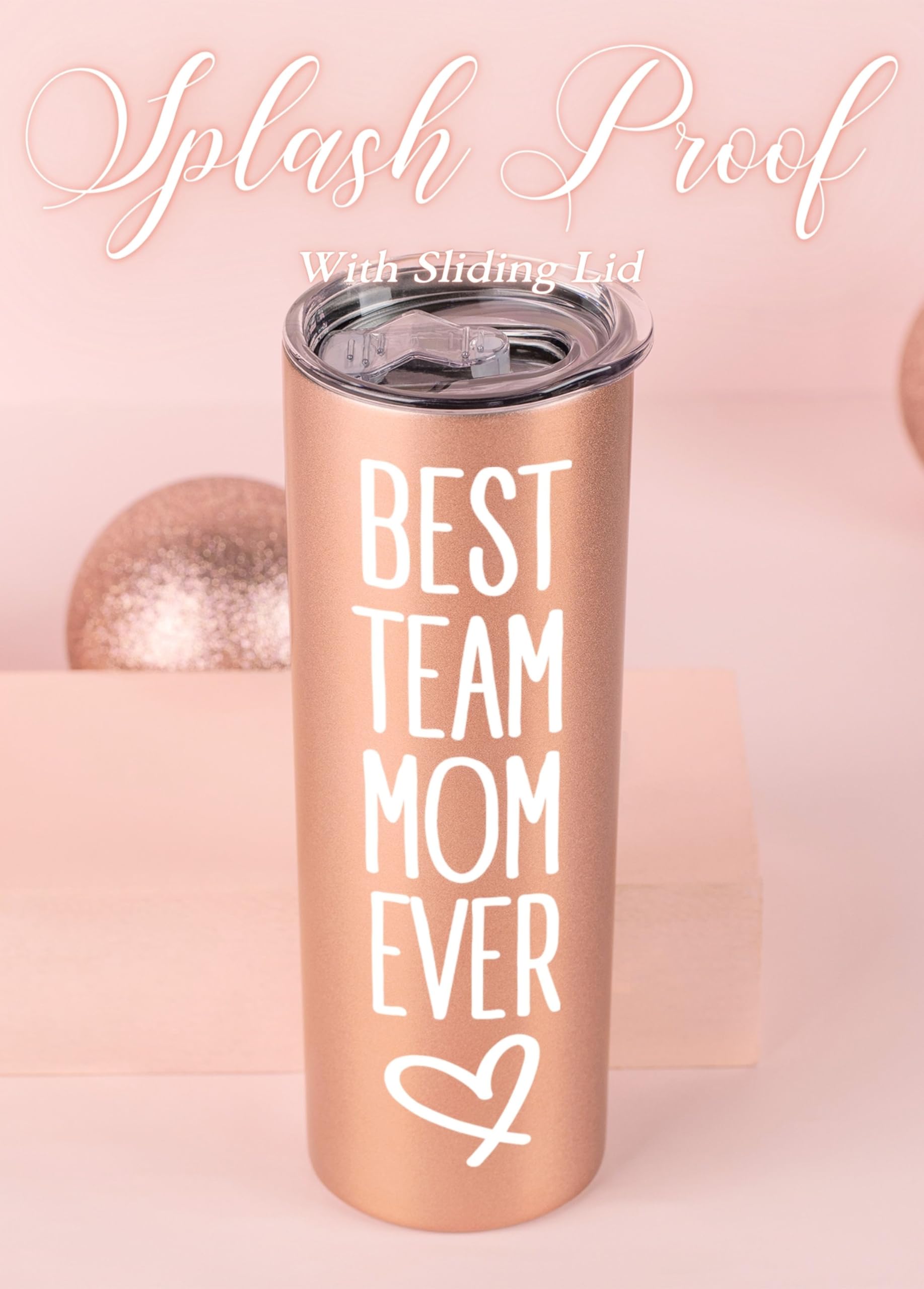 Onebttl Team Mom Gifts for Women, 20oz Skinny Tumblers, Base Ball Soccer Basket Ball Soft Ball Mom Gifts, Rose Gold, Best