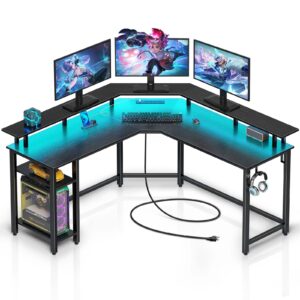 rolanstar l shaped gaming desk with led lights & power outlets, 56" computer desk with full monitor stand & storage shelf, corner desk with hooks, black desk reversible