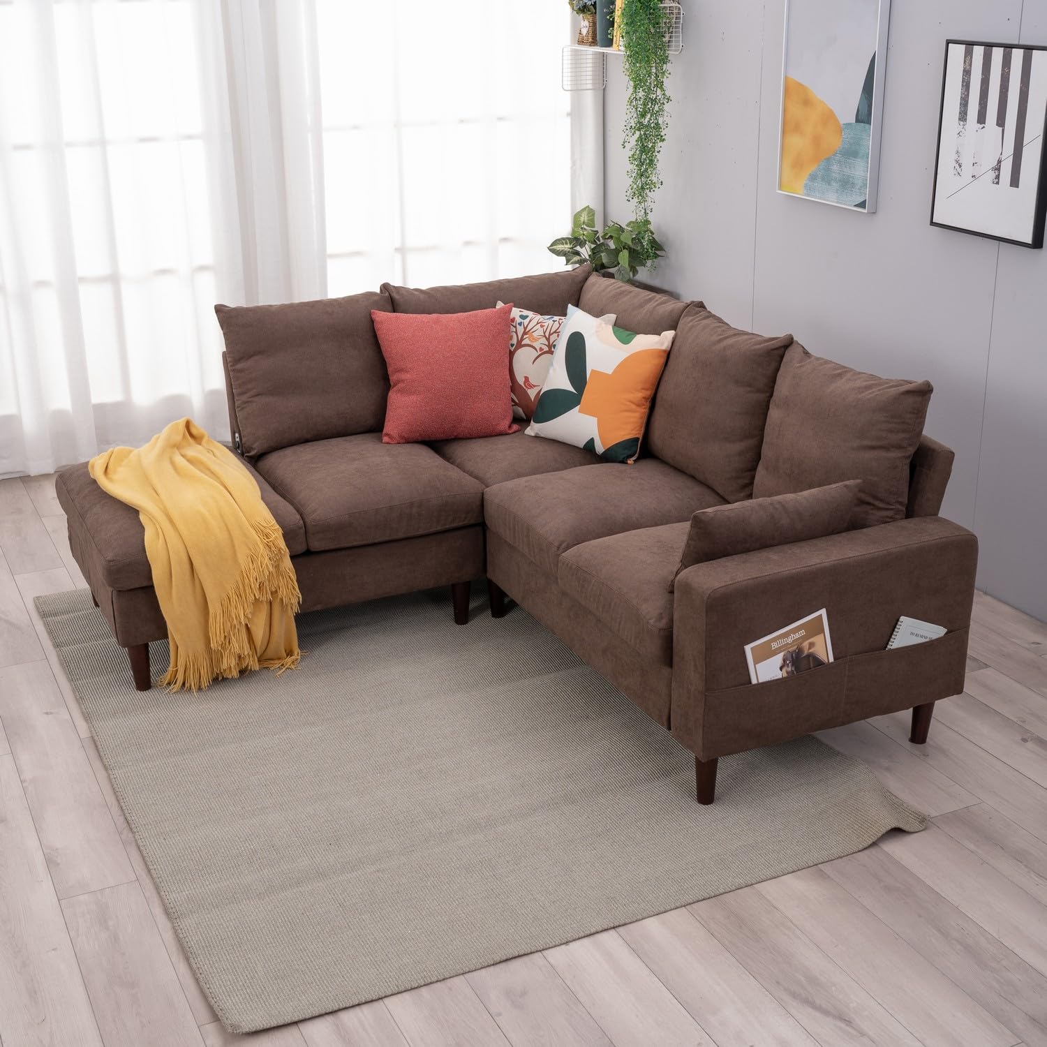 Panana Sectional Sofa L-Shaped Corner Couch with Built-in USB Chairging Port Chaise, Cushion Backrest Solid Wood Legs Suite