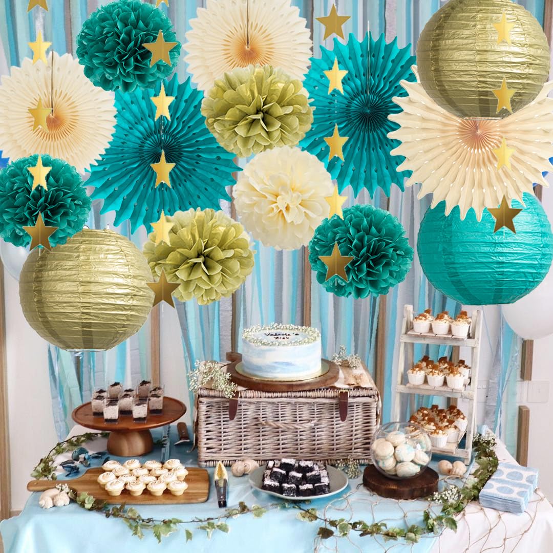 Teal and Gold Party Decorations Teal Blue Paper Lanterns Pom Poms Paper Fans Cream Teal Party Decorations with Gold Star Garland for Teal Gold Birthday Baby Shower Wedding Engagement Graduation Party