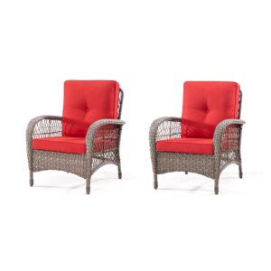 MeetLeisure Wicker Patio Chairs Set of 2 - Outdoor Rattan Chairs with Handmade PE Wicker & Olefin Fabric Cushions, Patio Rattan Chairs Suitable for Lawn Porch and Deck(Mixed Grey/Red)