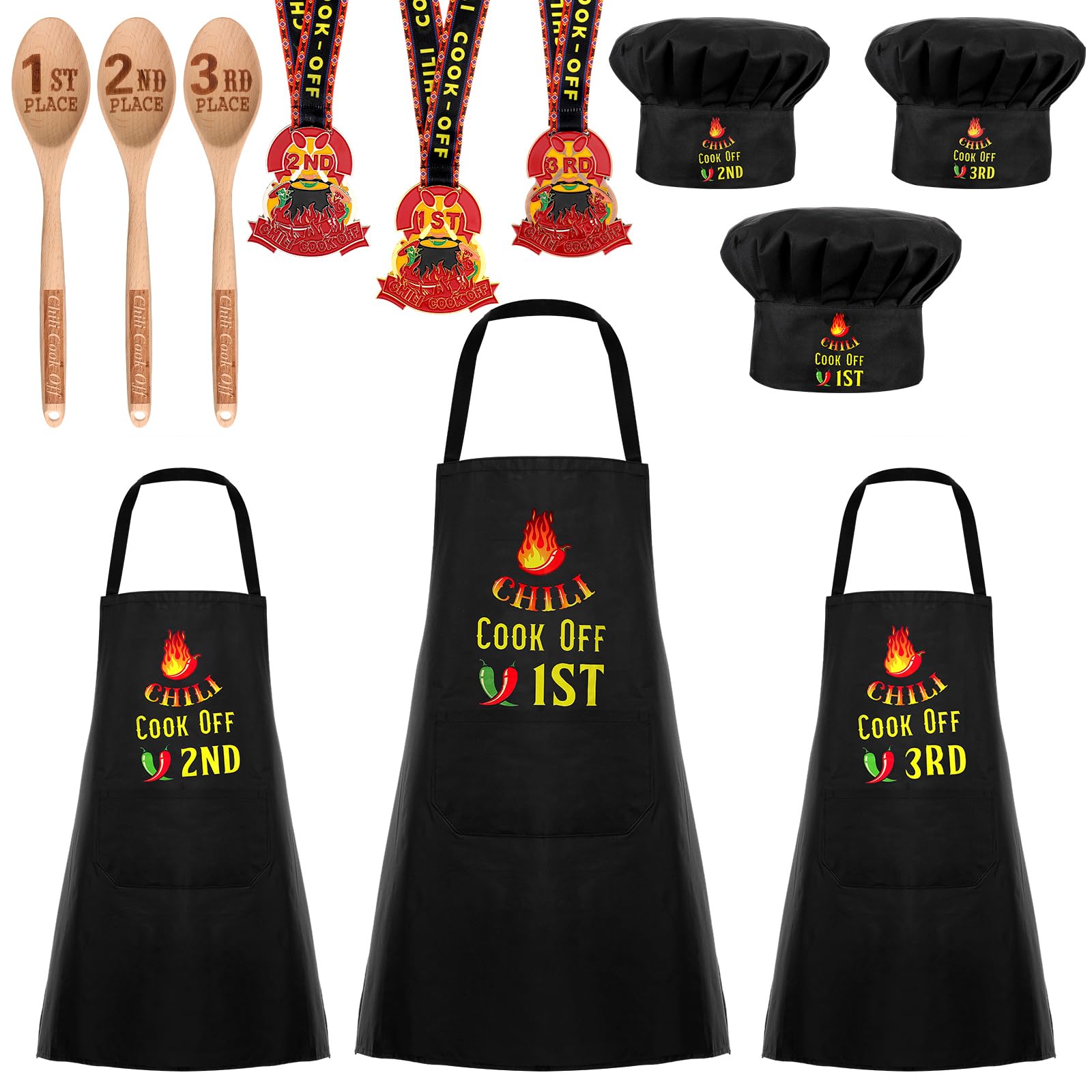 Toulite 12 Pcs Chili Cook off Prizes Chili Cook off Decorations, Include 3 1st 2nd 3rd Chili Cook off Trophies, 3 Kitchen Cooking Aprons, 3 Chef Hat, 3 Engraved Spoon for Men Women Award Ceremony