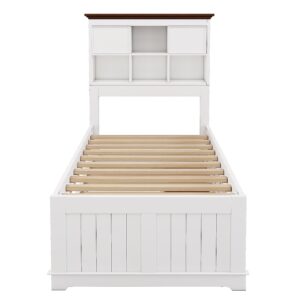 Twin Captain Bed with Trundle and Storage Drawers, Wood Platform Bed with Bookcase Headboard, White Bed Frame with Slat Support for Kids Boys Girls Teens