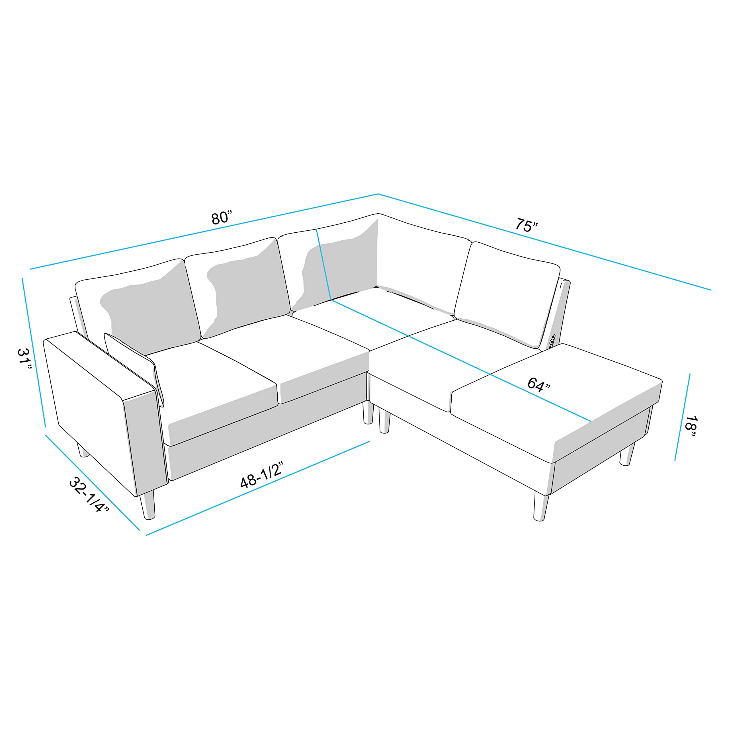 Panana Sectional Sofa L-Shaped Corner Couch with Built-in USB Chairging Port Chaise, Cushion Backrest Solid Wood Legs Suite