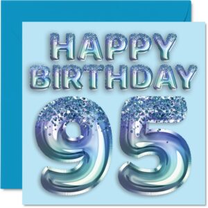 95th birthday card for men - blue glitter party balloon - happy birthday cards for 95 year old man great grandpa pop pops dad papa gran, 5.7 x 5.7 inch ninety-five ninety-fifth greeting cards gift