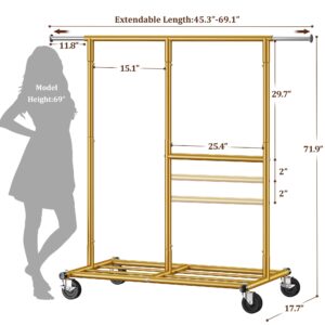 Raybee Gold Clothing Rack Heavy Duty Clothes Rack with Wheels Rolling Clothing Racks for Hanging Clothes for Walk-in Closet, Bed Room, Laundry Room,Commercial,17.7" D x 69.1" W x 71.9" H, Gold