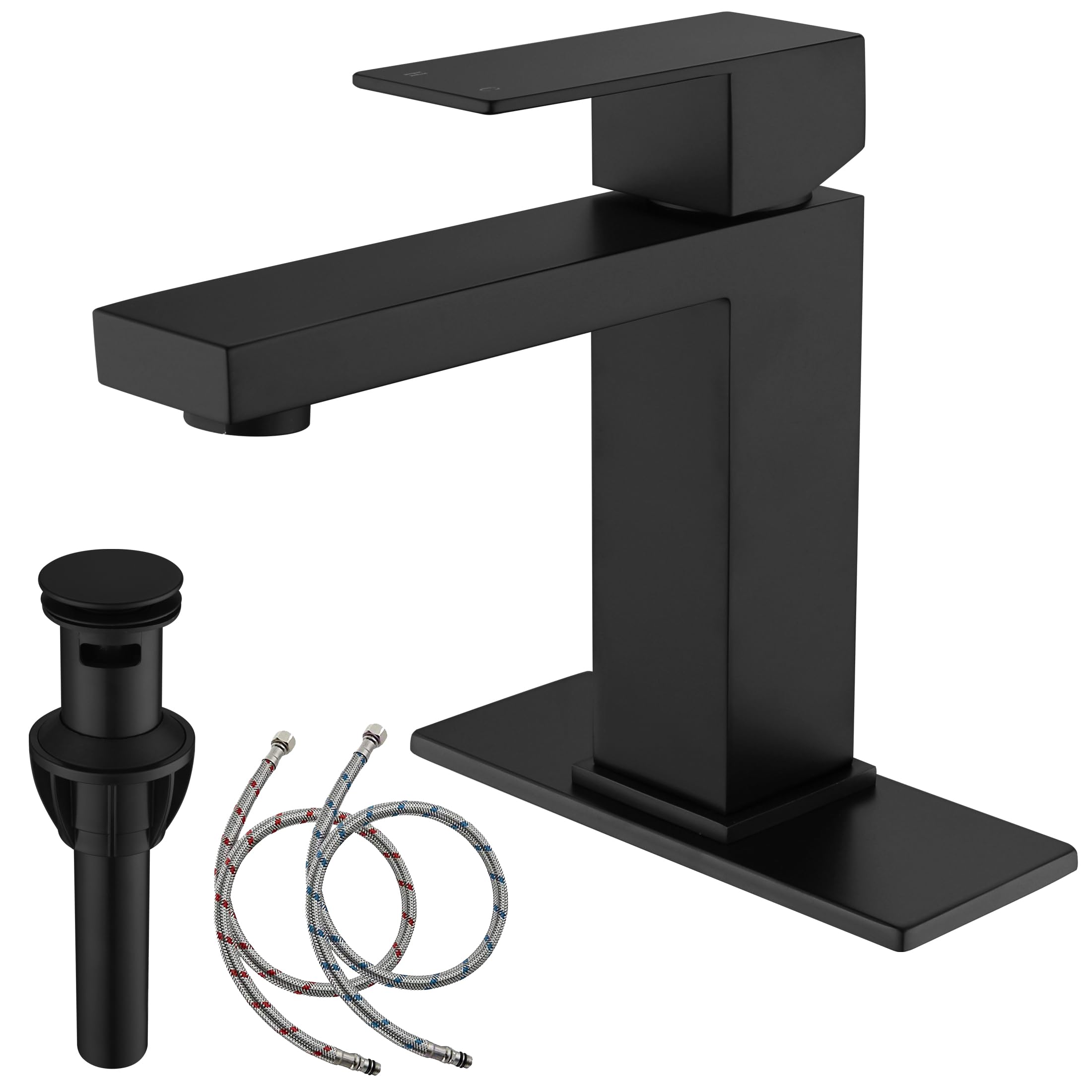 AmirLans Black Faucet Bathroom, Stainless Steel Matte Black Bathroom Faucet Single Hole with Pop Up Drain, Single Handle Faucet AML-1141-BK