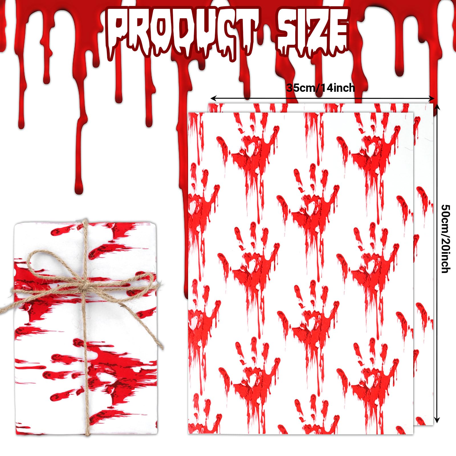 100 Sheets 20 * 14 Inches Horror Bloodstain Pattern Tissue Paper for Gift Bags, Halloween Tissue Paper for Gift Wrapping for Halloween Party DIY Craft