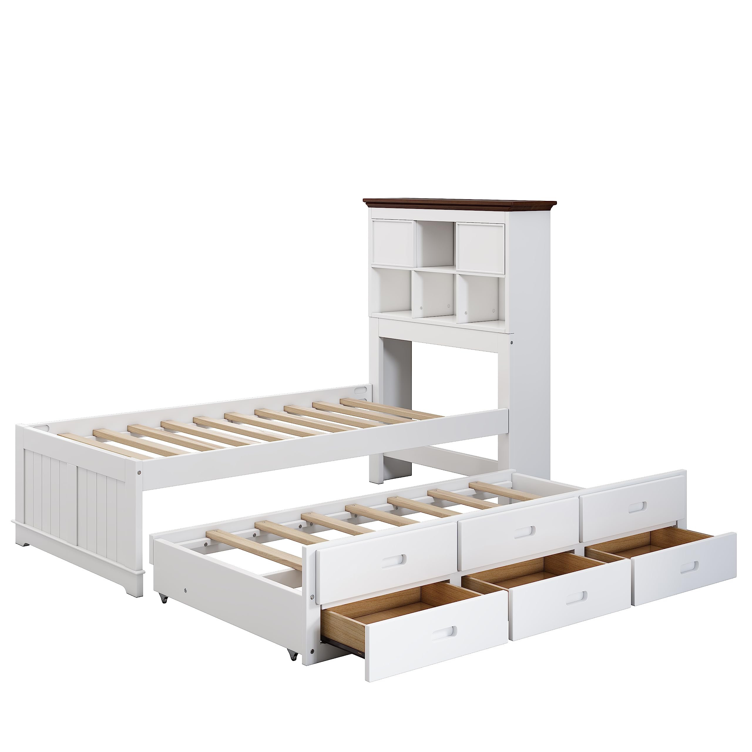 Twin Captain Bed with Trundle and Storage Drawers, Wood Platform Bed with Bookcase Headboard, White Bed Frame with Slat Support for Kids Boys Girls Teens