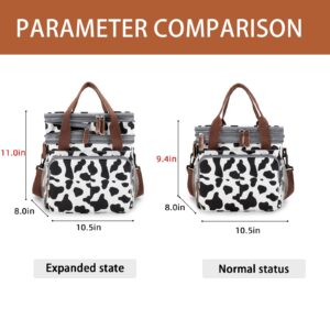 MOV COMPRA Lunch Bag for Women Men Double Deck Expandable Lunch Box,Large Lunch Bags,Leakproof Lunch Box Cooler Bag（Cow Print）