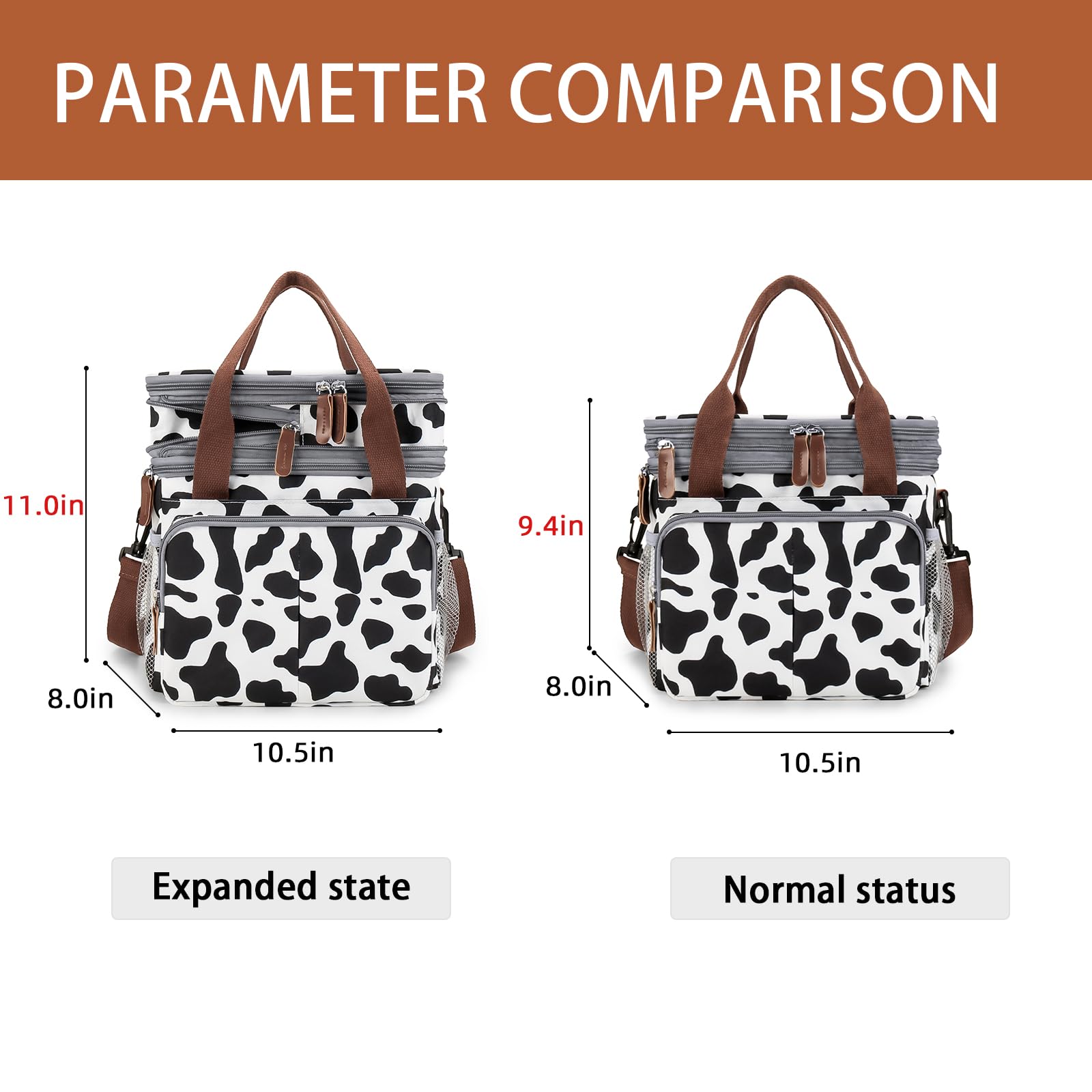 MOV COMPRA Lunch Bag for Women Men Double Deck Expandable Lunch Box,Large Lunch Bags,Leakproof Lunch Box Cooler Bag（Cow Print）