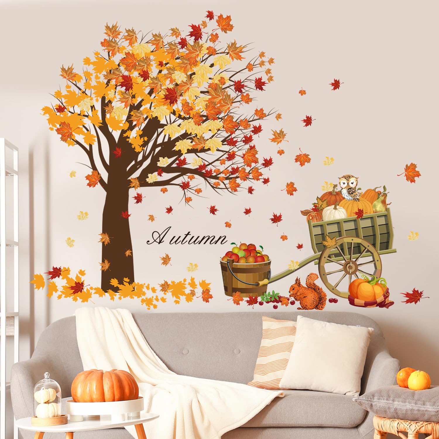 Fall Thanksgiving Wall Sticker Maple Leaves Wall Decals Autumn Harvest Pumpkins Wall Sticker Cute Animals Wall Art Decor for Thanksgiving Party Living Room