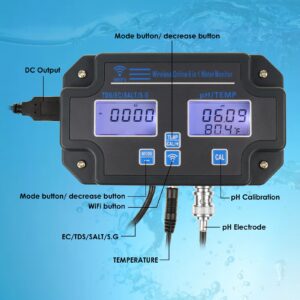 6 in1 PH Meter for Water Hydroponics Accuracy Digital PH Tester pH/EC/TDS/Salt/SG/Temperature Meter with Wireless Wi-Fi PH Monitor via Mobile APP for Household Drinking, Pool and Aquarium