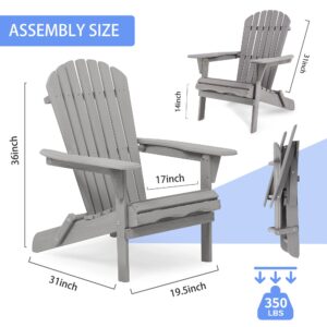 Gettati Folding Adirondack Chair Set of 2, Weather Resistant Folding Patio Lawn Chair for Outside Deck Garden Backyard Balcony, Weather Wood, Wooden Fire Pit Chair, Grey