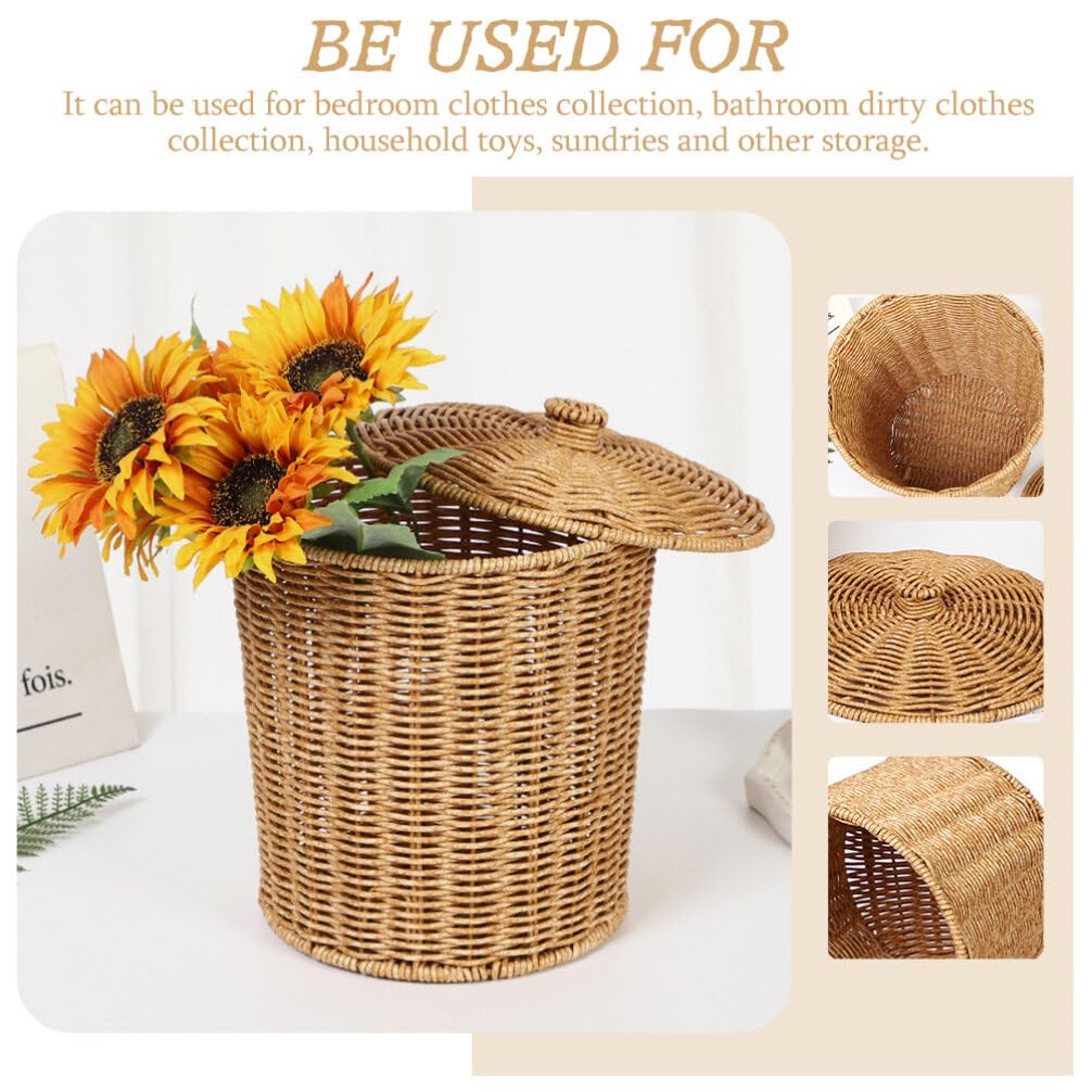 Cabilock Rattan Round Waste Basket with Lid Woven Trash Can Wastebasket Garbage Container Bins Flower Plant Pot Laundry Baskets for Bathroom Kitchen Office Living Room Home Decor