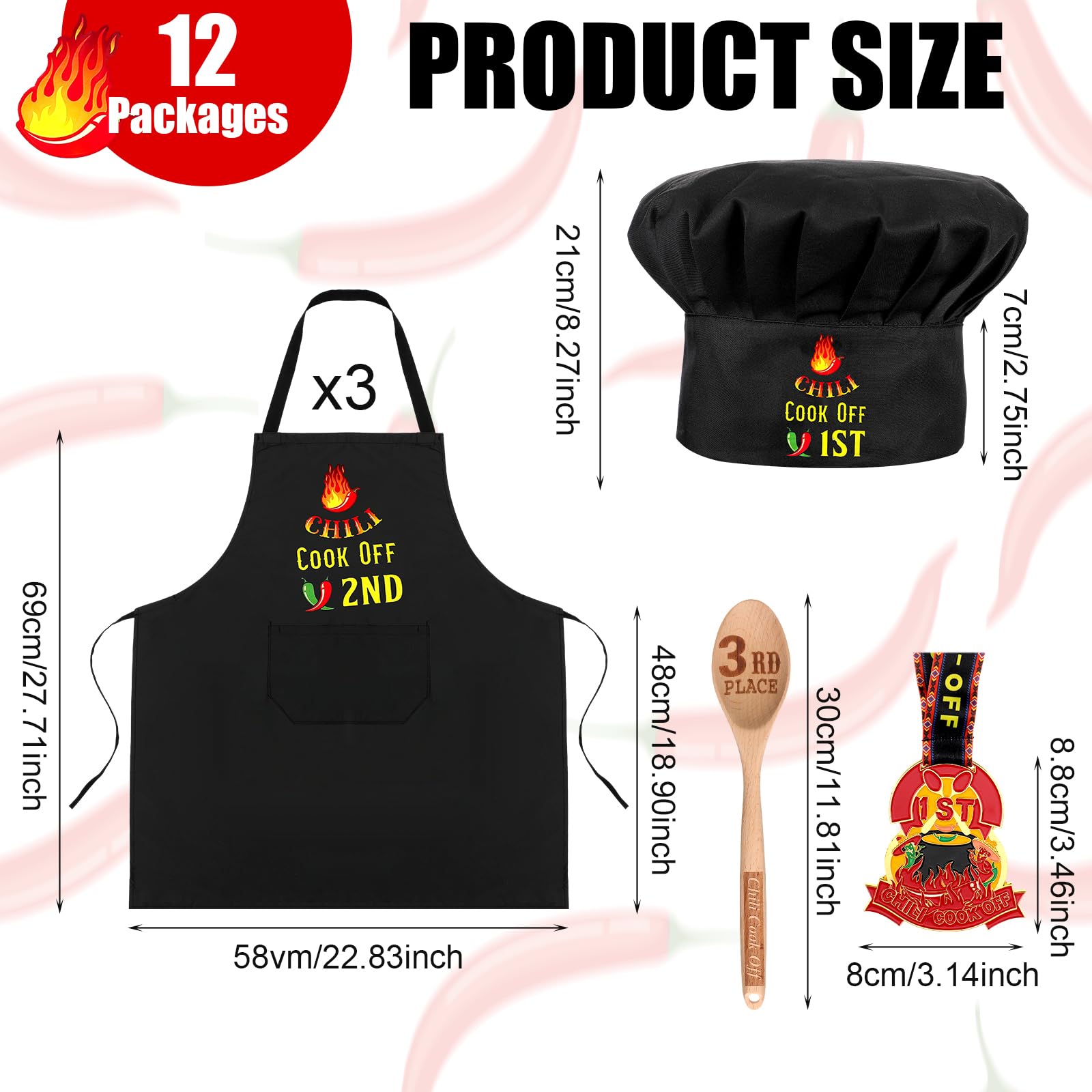 Toulite 12 Pcs Chili Cook off Prizes Chili Cook off Decorations, Include 3 1st 2nd 3rd Chili Cook off Trophies, 3 Kitchen Cooking Aprons, 3 Chef Hat, 3 Engraved Spoon for Men Women Award Ceremony