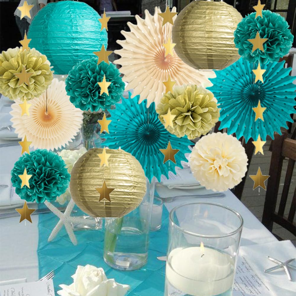 Teal and Gold Party Decorations Teal Blue Paper Lanterns Pom Poms Paper Fans Cream Teal Party Decorations with Gold Star Garland for Teal Gold Birthday Baby Shower Wedding Engagement Graduation Party