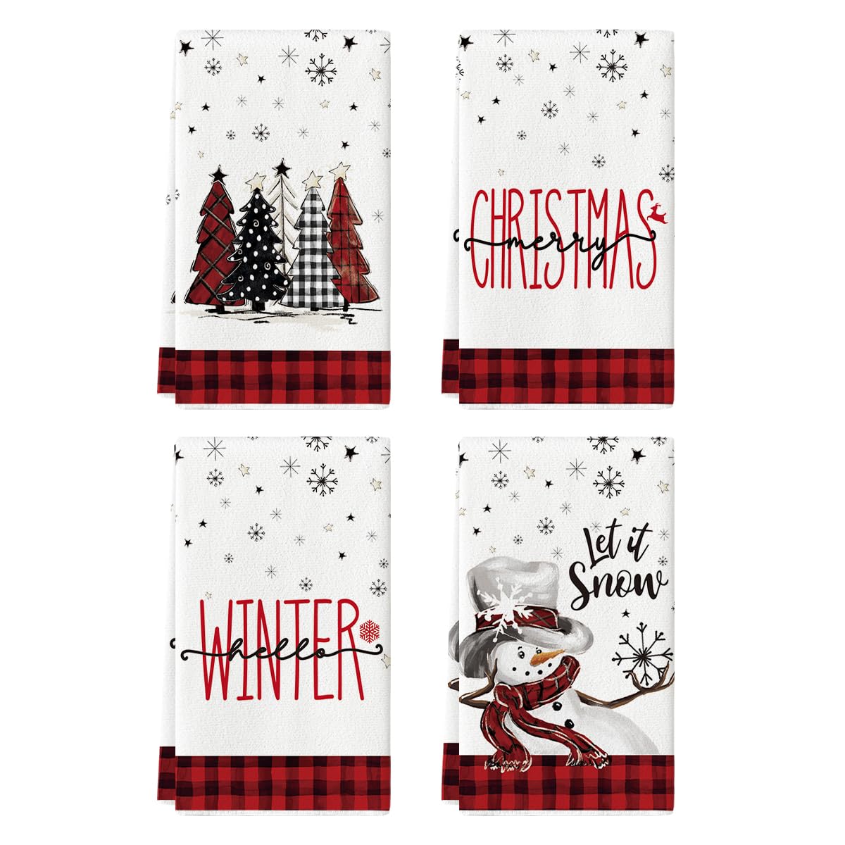 Artoid Mode Red Black Buffalo Plaid Snowman Xmas Trees Christmas Kitchen Towels Dish Towels, 18x26 Inch Daily Seasonal Winter Decoration Hand Towels Set of 4