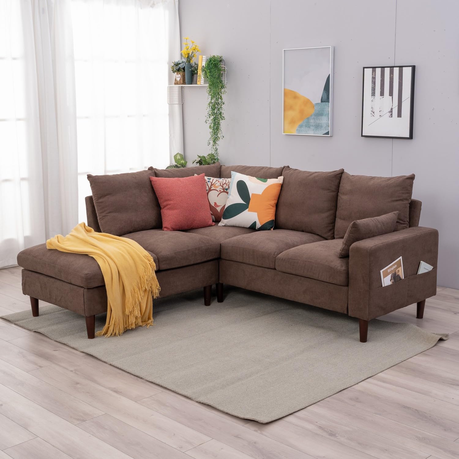 Panana Sectional Sofa L-Shaped Corner Couch with Built-in USB Chairging Port Chaise, Cushion Backrest Solid Wood Legs Suite