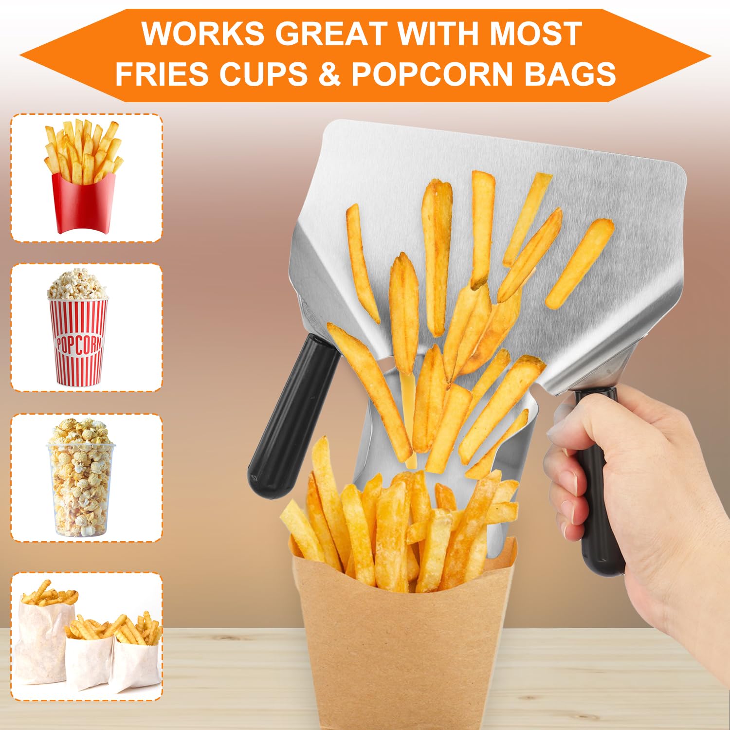 3 PCS Double Handle chips Scoop, Stainless Steel Dual Handle French Fry and Popcorn Scoop for Commercial and Personal Use, by GENHAKON.