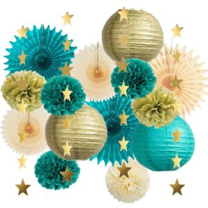 teal and gold party decorations teal blue paper lanterns pom poms paper fans cream teal party decorations with gold star garland for teal gold birthday baby shower wedding engagement graduation party