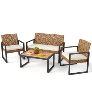 phi villa wicker patio furniture set for 4, rattan loveseat & chairs with beige cushions & acacia wood coffee table, outdoor modern sectional conversation sofa set for deck, yard, porch