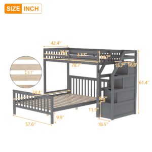 SOFTSEA Loft Bunk Bed with Desk and Drawers for Storage Solid Wood Loft Bed for 2, Modern Twin Over Full Bunk Bed with Ladder and No Box Spring Needed, MuddyWhite