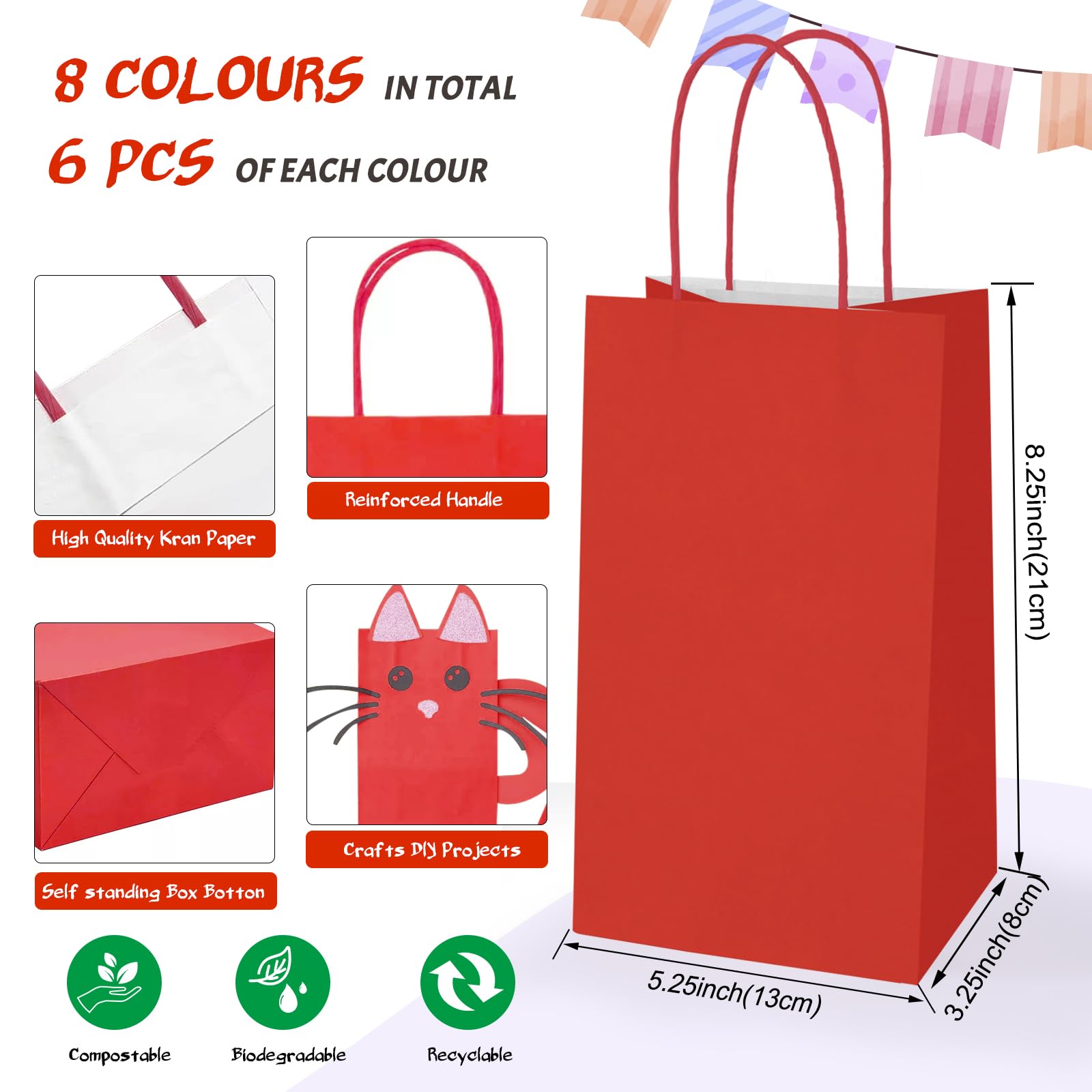 48 Pack Small Gift Bags with 8 colors Kraft Paper,5.25 * 3.25 * 8.25 Inch Party Favor Bags with Handles for Kids Birthday, Wedding and Celebrations,Party Supplies and Gifts