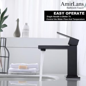 AmirLans Black Faucet Bathroom, Stainless Steel Matte Black Bathroom Faucet Single Hole with Pop Up Drain, Single Handle Faucet AML-1141-BK