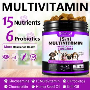 15 in 1 Dog Vitamins Supplements -150PCS-Multifunctional Supplements for Dogs-Glucosamine Chondroitin for Joint Support with Probiotics for Gut & Immune Health and Skin & Heart Health