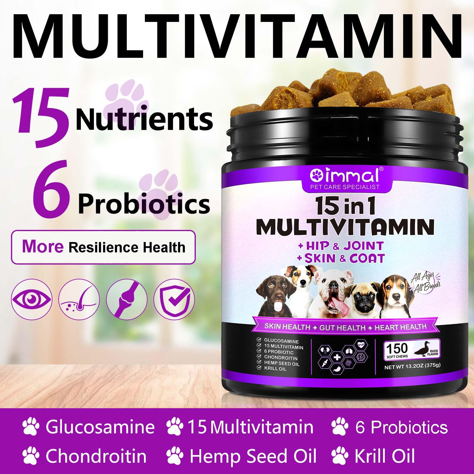 15 in 1 Dog Vitamins Supplements -150PCS-Multifunctional Supplements for Dogs-Glucosamine Chondroitin for Joint Support with Probiotics for Gut & Immune Health and Skin & Heart Health