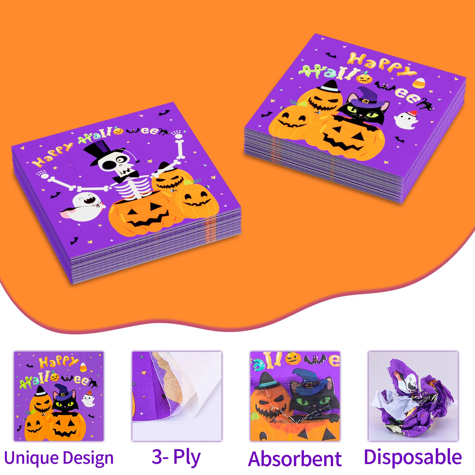 DYLIVeS Halloween Party Napkins, Purple Halloween Pumpkin Cats Ghosts Skeleton Disposable Paper Napkins, Cute Halloween Party Supplies for Luncheon Dessert Halloween Decorations Kids, 50 Pcs, 3 -ply