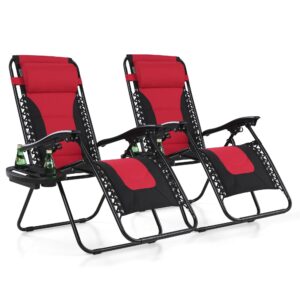 mfstudio padded zero gravity recliner chair set of 2, folding patio lounge chair w/adjustable pillows & cup holder for poolside backyard, support 350lbs(red)