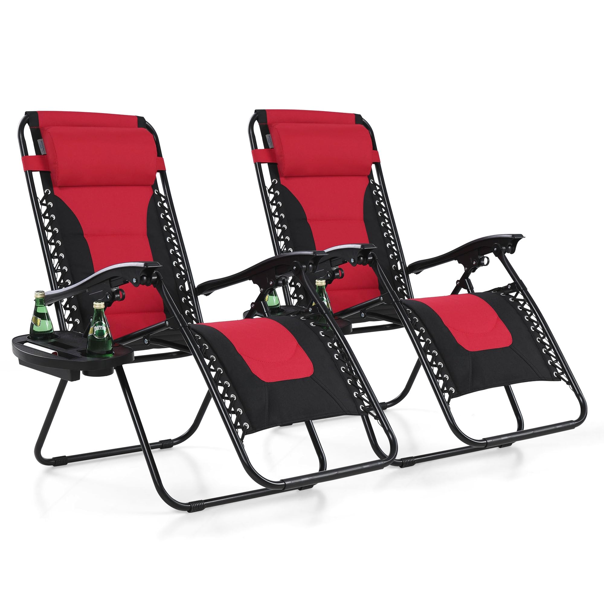 MFSTUDIO Padded Zero Gravity Recliner Chair Set of 2, Folding Patio Lounge Chair w/Adjustable Pillows & Cup Holder for Poolside Backyard, Support 350lbs(Red)